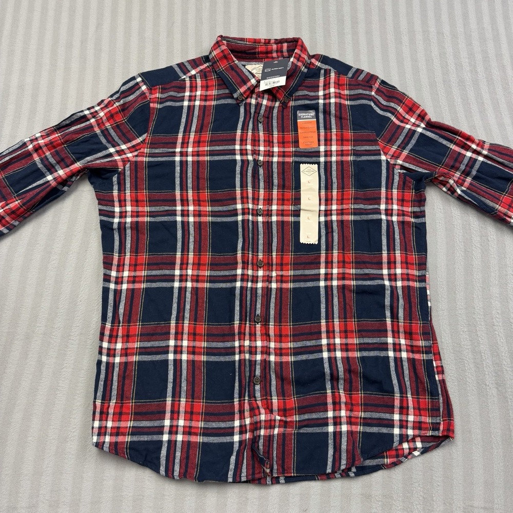 St Johns Bay Flannel Shirt Mens Large Navy Red Plaid Long Sleeve Button Down
